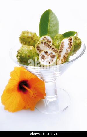 Frischen Noni-Frucht in ein Cocktailglas, Hibiskusblüte daneben Stockfoto