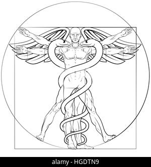 Hermesstab medizinischen Symbol Vitruvian Mann Konzept mit Figur wie Leonard Da Vinci Anatomie zeichnen Stockfoto