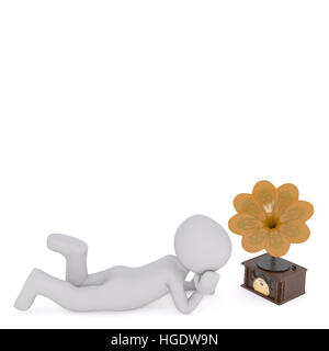 3D rendering der Cartoon Figur am Boden liegend auf Bauch mit Kopf ruht in Händen während Musik hören von antiken Grammophon vor weiß Stockfoto