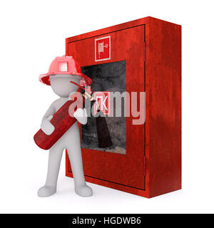 3D rendering der Cartoon Figur tragen Helm und hält Feuerlöscher stand vor Red Notfall Alarm Box auf weißem Hintergrund Stockfoto