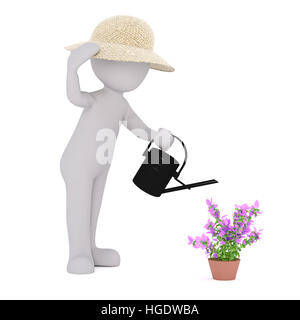 3D rendering der Cartoon Figur tragen Strohhut und Bewässerung lila Topfpflanzen Blume verwenden Schwarz Gießkanne vor weißem Hintergrund Stockfoto