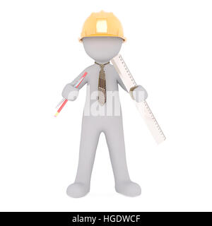 3D rendering der Cartoon Figur tragen gelb Schutzhelm und Holding Herrscher und Zeichnung Materialien während stand vor weißem Hintergrund Stockfoto