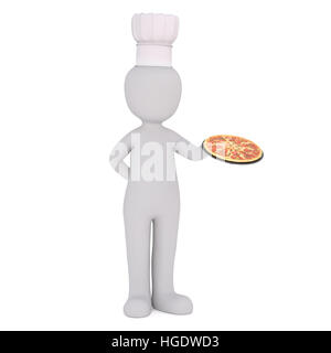 3D-Rendering Cartoon Figur tragen Koch Hut und Pan Pizza festhalten, während stehend weißen Hintergrund mit Textfreiraum Stockfoto