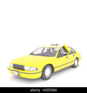 3D-Rendering des Mannes in gelb Chauffeur Mütze, wie er in seinem Taxi Taxi sitzt und seinen Kopf herausragen Stockfoto