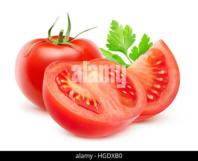 Isolierte Tomate. Ganze und geschnittene frische Tomaten isoliert auf weißem Hintergrund mit Beschneidungspfad Stockfoto