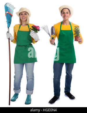 Gärtner Gardner Team junge Blumen Garten Garten Besetzung Ganzkörper Portrait auf einem weißen Hintergrund isoliert Stockfoto
