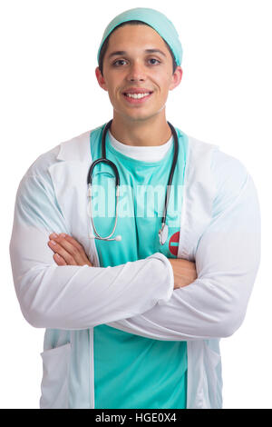 Junger Arzt lächelnd Beruf Job Arzt insgesamt isoliert auf weißem Hintergrund Stockfoto