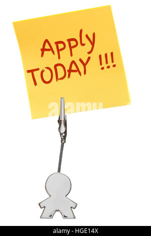 Mann-Figur-Visitenkarten-Etui mit Clip hält eine gelbe Papier-Schuldbrief übernehmen heute; isoliert auf weißem Hintergrund, anpassbar Stockfoto