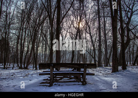 Belgrad, Serbien - Bank im Winter schneebedeckt im Topcider park Stockfoto