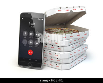Mobile Pizza Bestell- und Lieferservice Konzept. Smartphone und Pizza-Boxen. 3D illustration Stockfoto