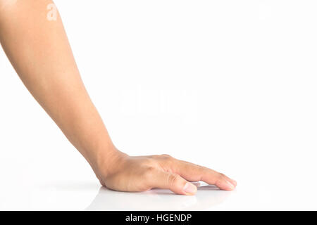 Mannes Hand hält Eisen auf weißem Hintergrund Stockfoto