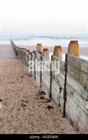 Eine hölzerne groyne in die Nordsee führenden in Blyth, northumberland Stockfoto