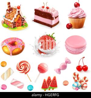 Süßwaren und Desserts. Erdbeere und Milch, Kuchen, Kuchen, Süßigkeiten, Lutscher. Rosa 3d Vektor Icon-set Stock Vektor