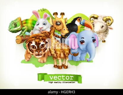 Niedliche Giraffe, kleine Tiger, Baby-Elefant, Chamäleon, Tukan, glückliche Hase, Lamm Stock Vektor