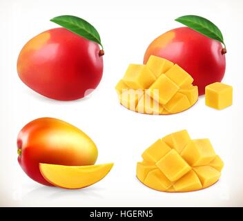 Mango. Ganze und Teile. Süße Früchte. 3D Vektor-Icons Set. Realistische Darstellung Stock Vektor