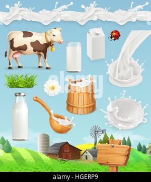 Milch und Bauernhof. Flasche, Glas, Löffel, Eimer. Nahtlose Muster Tropfen. Natürliche Milchprodukte. 3D Vektor Icon-set Stock Vektor