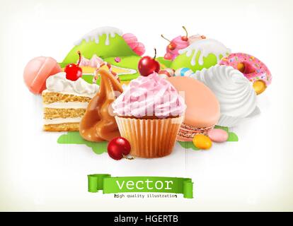 Süßwarenladen. Süßwaren und Desserts, Kuchen, Kuchen, Süßigkeiten, Karamell. 3D Vektor-illustration Stock Vektor