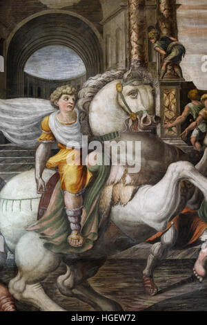 Rom. Italien. Villa Farnesina. Detail von Alexander dem großen (356-323 v. Chr.) auf seinem Hengst Bucephalus, aus einem Fresko von einem unbekannten Künstler in Agostino Ch Stockfoto