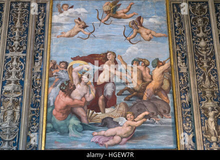 Rom. Italien. Villa Farnesina. Triumph der Galatea, 1512, Fresko von Raffael in der Loggia di Galatea, Stockfoto