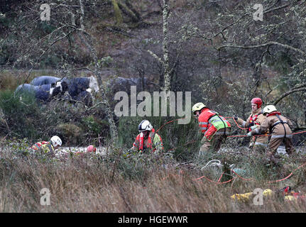 Nemo, ein Shetland-Pony ist von der schottischen Feuer und Rettungsdienst gerettet, nachdem es in einen angeschwollenen Fluss in der Nähe von Lochard Road, Aberfoyle gestrandet war. Stockfoto