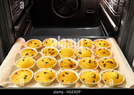 Muffins mit Schokolade in einem Ofen mit Ventilator. Horizontale Stockfoto