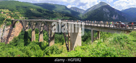 TARA Fluss-Schlucht, MONTENEGRO - 10. August 2014: Panoramablick über die Brücke des Dzhurdzhevich über die Tara Fluss-Schlucht Stockfoto