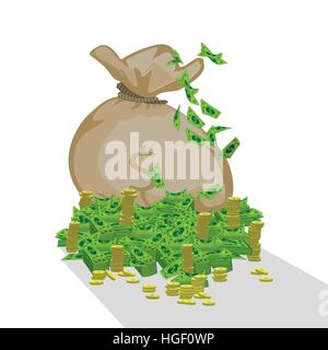 Beutel mit Geld Dollar. Das Grünbuch und Eisen-Münze. Abbildung. auf grauem Hintergrund zu isolieren. verwendet für Websites, Dekor, Design, Druck, Telefon etc. Stock Vektor