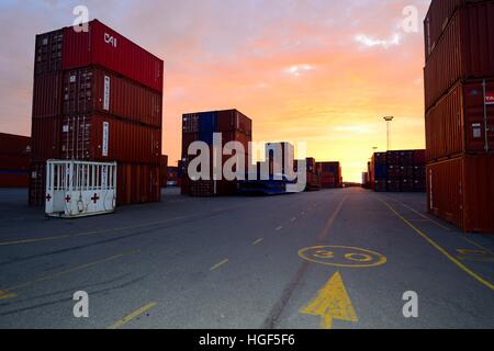 Container gestapelt am Terminal, Abend, Hafen, Antwerpen, Belgien Stockfoto