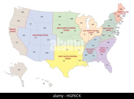 Regionen der Vereinigten Staaten Karte Stock Vektor
