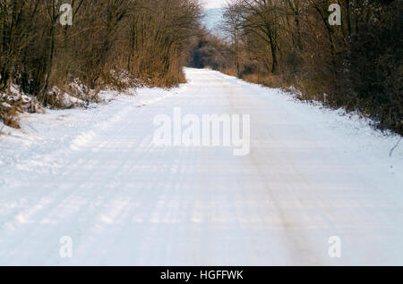 Schneereiche Winter Straße mit Wald-Seiten Stockfoto