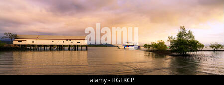 Eine tour Boot vorbei an Port Douglas Zucker Wharf bei Sonnenaufgang. Port Douglas, Australien. Stockfoto