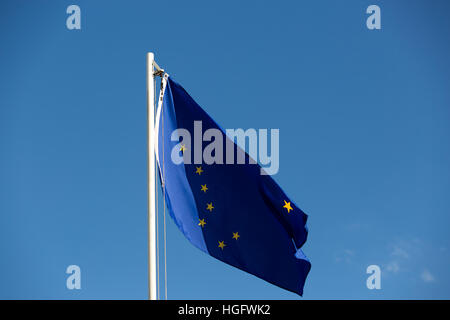 Nationalflagge von Alaska auf einem Fahnenmast vor blauem Himmel Stockfoto