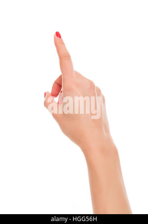 Frau Hand nach oben mit dem Zeigefinger Stockfoto