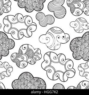 Cute hand drawn seamless pattern with clouds, drops and hearts. Vector illustration Stock Vektor