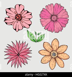 Vektor-Set von Hand gezeichnet, bunten Blumen und Blatt Zweig. Abbildung isoliert auf grau Stock Vektor