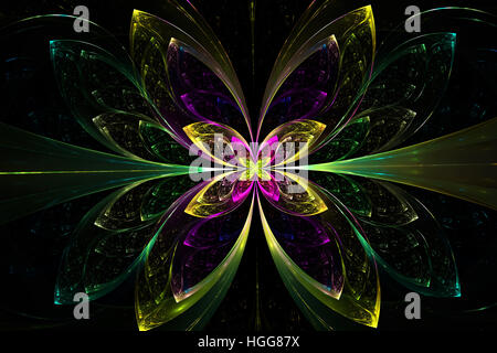 Fraktale Blume auf schwarzem Hintergrund. Fraktale Grafiken für kreatives Design, Flyer Deckel, Interieur, Poster. Stockfoto