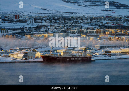 Nebel über Akureyri Hafen, Eyjafjordur, Akureyri, Nordisland Stockfoto