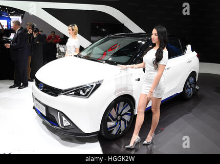 Detroit, USA. 9. Januar 2017. Chinas Guangzhou Automobile Group Motor (Motor GAC) debütiert der Trumpchi elektrische SUV GE3 während der 2017 North American International Auto Show (NAIAS) in Detroit, USA. © Yin Bogu/Xinhua/Alamy Live-Nachrichten Stockfoto