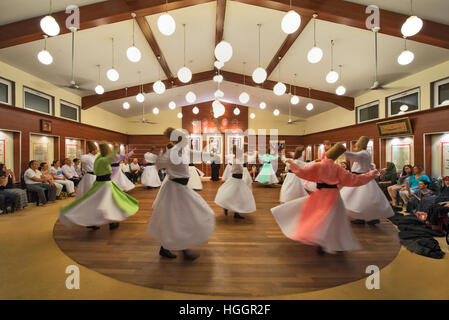 Sufi-Derwische in Silivrikapi Mevlevihanesi Istanbul Türkei. Sufi whirling ist eine Form von Sama oder körperlich aktive Meditation, die ihren Ursprung unter den Sufis, und die wird noch von der Sufi-Derwische des Mevlevi-Ordens praktiziert. Stockfoto