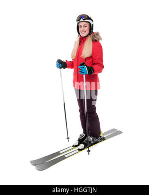 Attraktives Mädchen Skifahrer auf weißem Hintergrund. Stockfoto