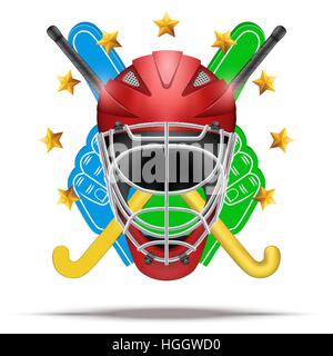 Outdoor-Hockey Feldsymbol mit Helm und Stöcken. Hockey auf Rasen. Abbildung isoliert auf weißem Hintergrund. Stock Vektor