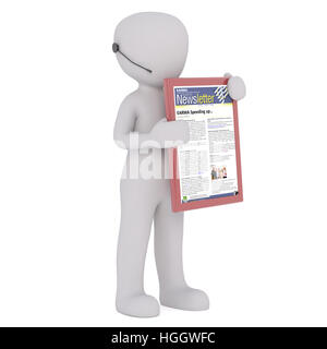 3D gerenderte Figur hält, dass Buch mit Newsletter seine Deckung vor einem weißen Hintergrund befestigt Stockfoto