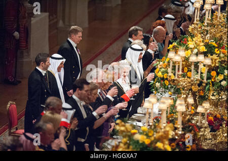 Staatsbankett für seine Hoheit The Amir des Staates Kuwait von HM The Queen in Windsor Castle. Stockfoto