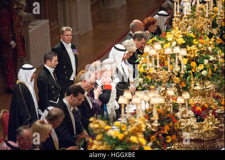 Staatsbankett für seine Hoheit The Amir des Staates Kuwait von HM The Queen in Windsor Castle. Stockfoto