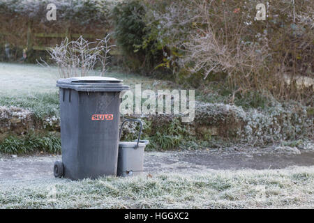 Wheelie bin Frost bedeckt und Essen gelbe Tonne Stockfoto