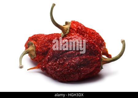 Ganze getrocknete rote Habanero Paprika (Capsicum Chinense). Beschneidungspfade; Schatten getrennt Stockfoto