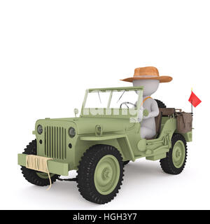 Retro-Off-Road-Safari-Fahrzeug angetrieben Cartoon gesichtslose Mann im Strohhut, 3D-Render isoliert auf weiss Stockfoto