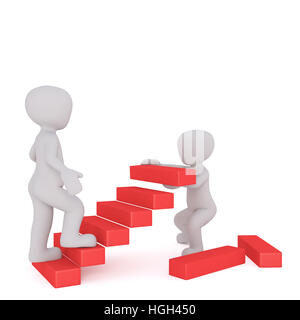 Gesichtslose Cartoon Mann Schritt Treppe hinauf, während andere eine Treppe installiert, 3D-Render isolierten auf weißer Hintergrund Stockfoto