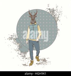 Cartoon Hirsch Hipster Wear Fashion Kleidung Retro-abstrakten Hintergrund Stock Vektor