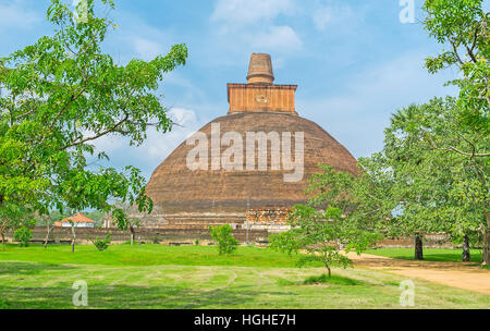 Der riesige Jetavana Stupa ist die zentrale architektonische Struktur in Vihara, der Garten drumherum ist der beste Ort für Entspannung und Erholung im Schatten, Anuradha Stockfoto